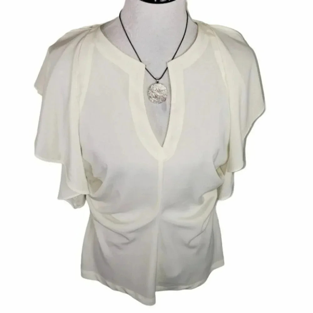 Kenar‎ Ruffle Flutter Sleeve Top M Ivory Split V-Neck Stretch Blouse KN59580